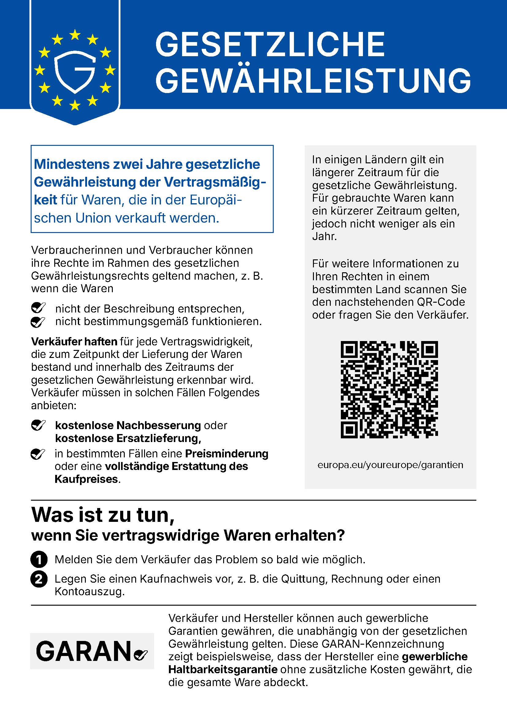 Verbraucherinformation zur gesetzlichen Gewährleistung